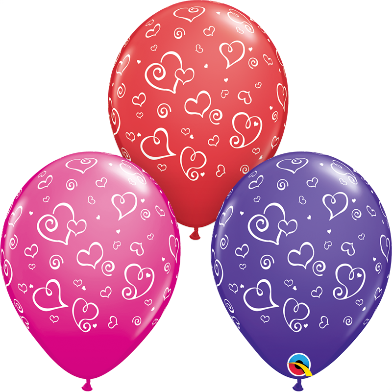 90570 - 25 X 11" ASSORTED COLOURS LATEX BALLOONS SWIRL HEARTS