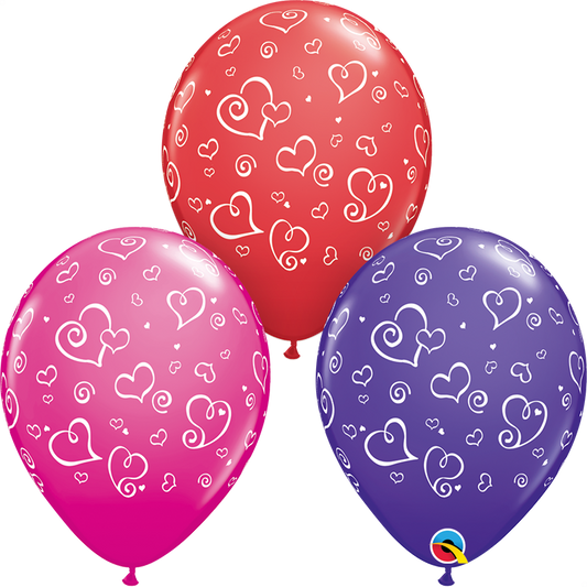 90570 - 25 X 11" ASSORTED COLOURS LATEX BALLOONS SWIRL HEARTS