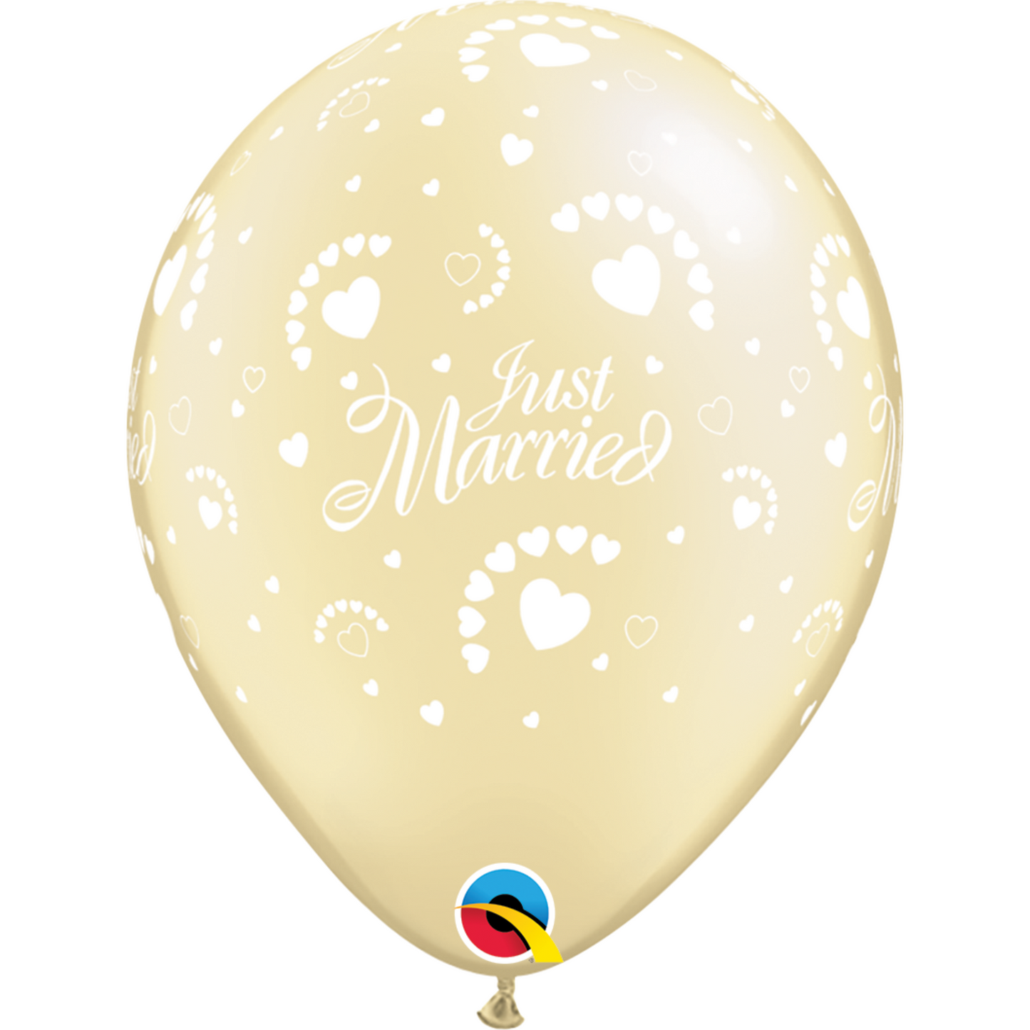 92027 - 25 X 11" PEARL IVORY LATEX BALLOONS JUST MARRIED HEARTS AROUND